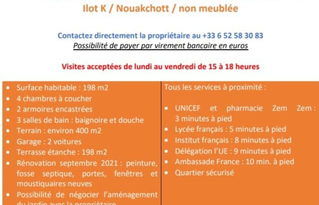 MAISON 4 CHAMBRE À LOUER À ILOT K A COTE DE L’AMBASSADE DE FRANCE 10 MINUTES À PIED CONTACT LE 0033652583083